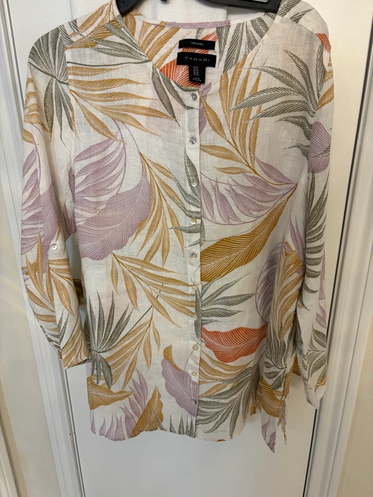 Tahari White Tropical Leaf Button Front Blouse Mustard Lavender Preowned Size 1x
